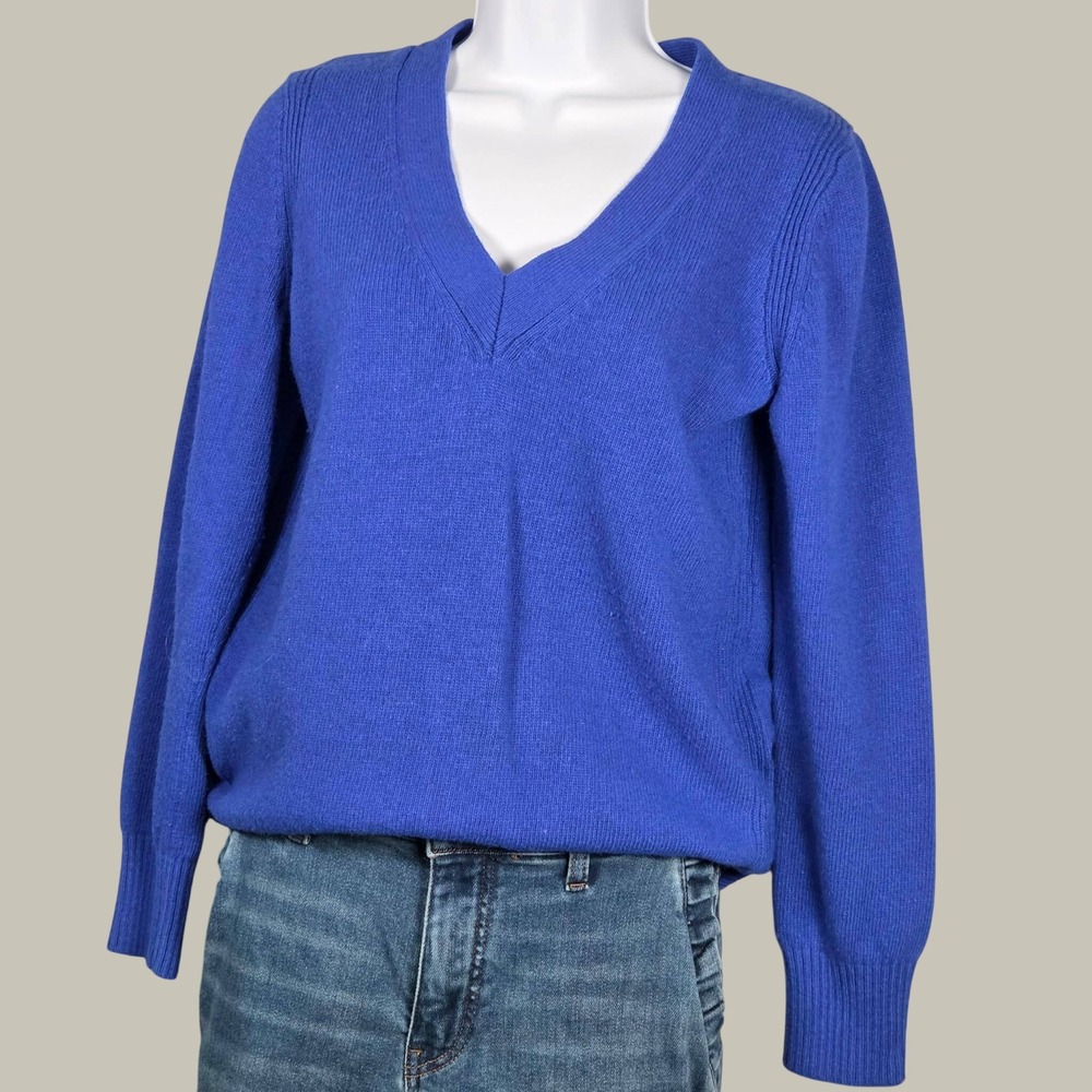 Banana Republic Women Large V-Neck Button Back Sweater Marine Blue Merino Wool
